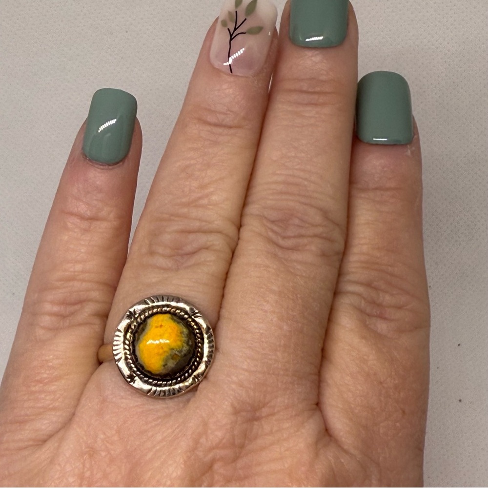 Silver Ring Round Bumblebee Jasper Stone Size 9 - image 1